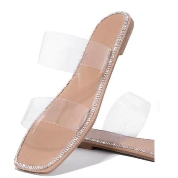 !! NEW !! Embellished Double Strap Square Toe Sandals in Clear - Picture 5 of 11
